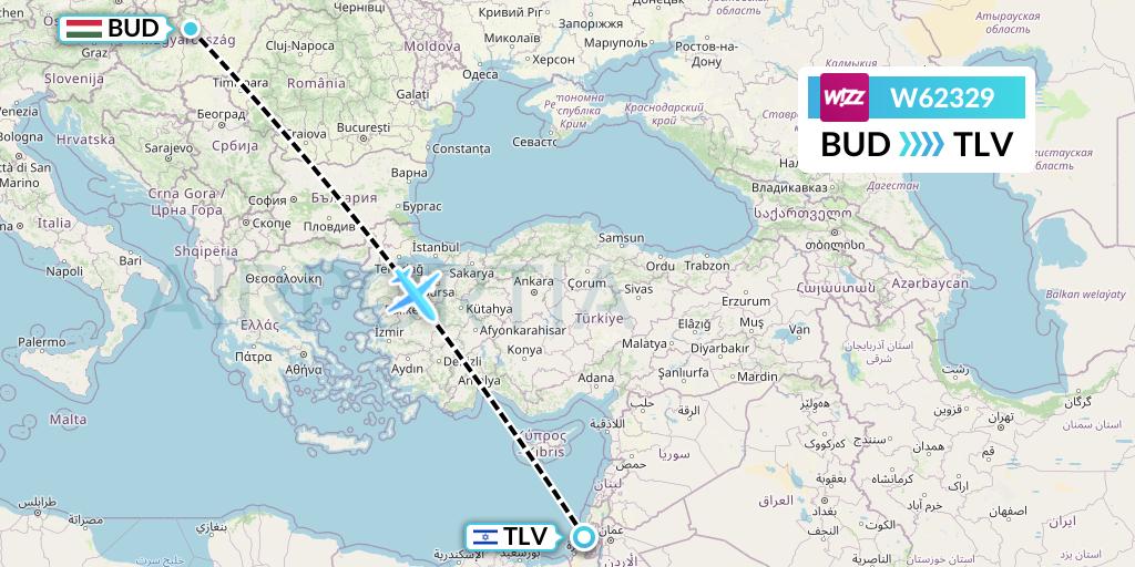 W62329 Wizz Air Flight Map: Budapest to Tel Aviv