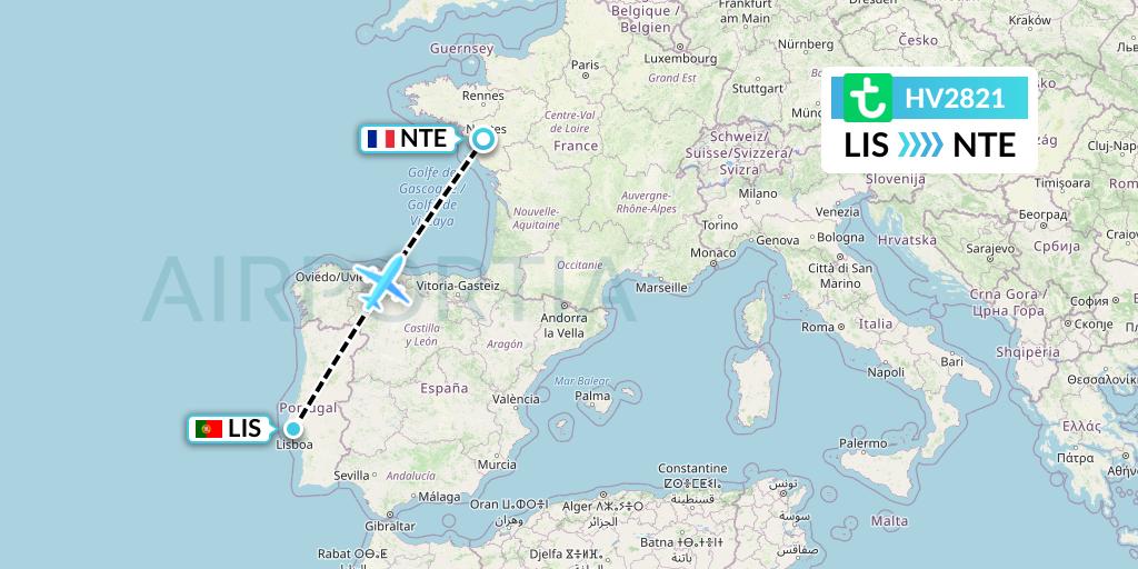 HV2821 Transavia Flight Map: Lisbon to Nantes