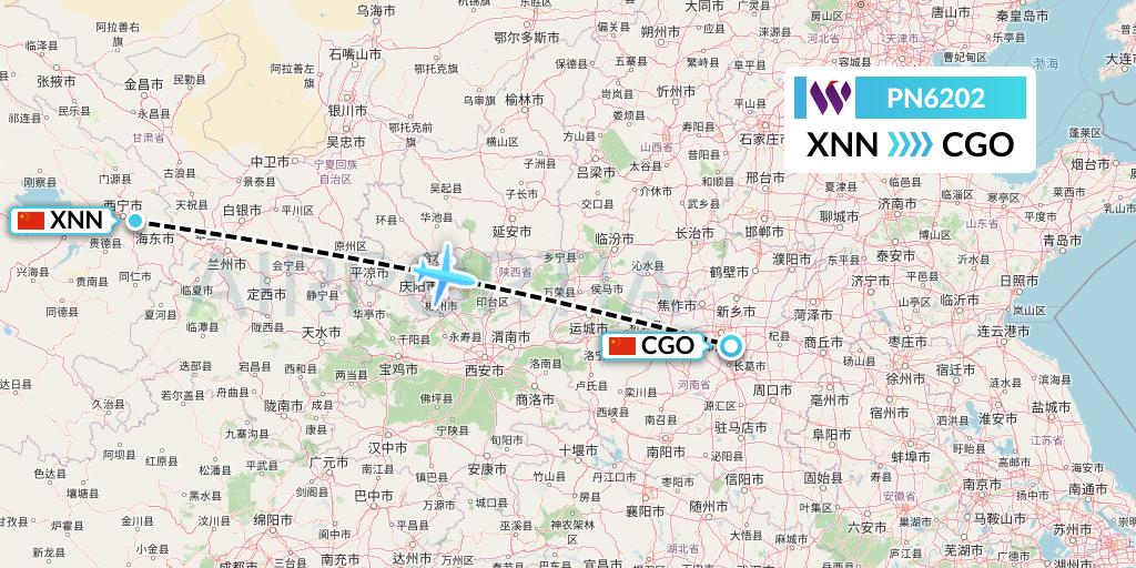 PN6202 China West Air Flight Map: Xining to Zhengzhou