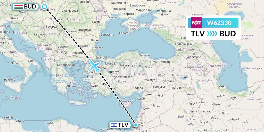 W62330 Wizz Air Flight Map: Tel Aviv to Budapest