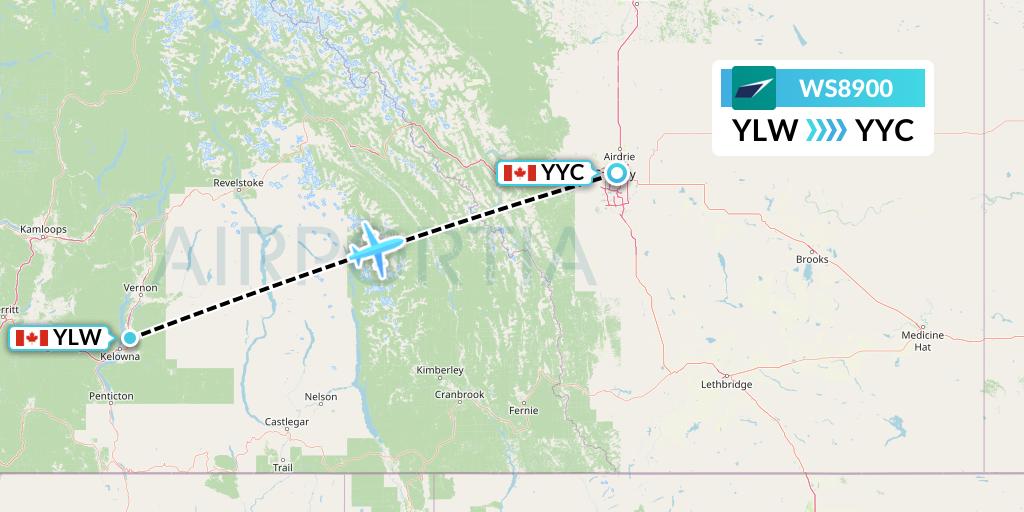 WS8900 WestJet Flight Map: Kelowna to Calgary