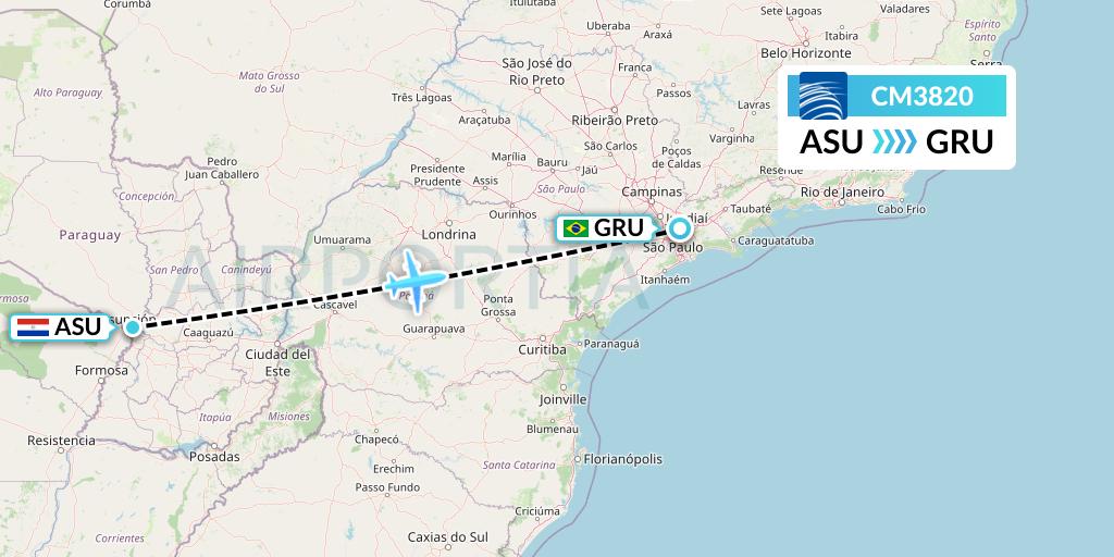 CM3820 Copa Airlines Flight Map: Asuncion to Sao Paulo