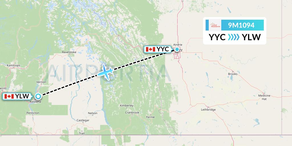 9M1094 Central Mountain Air Flight Map: Calgary to Kelowna