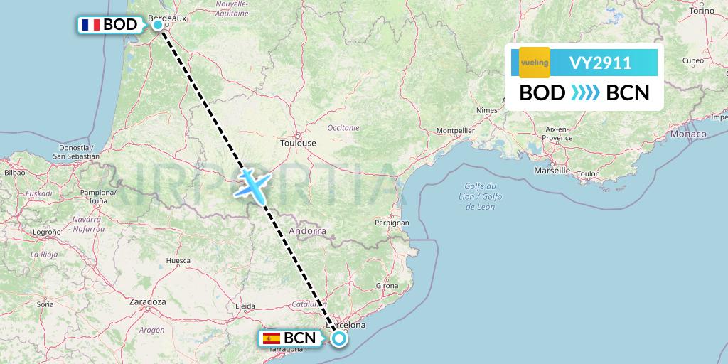 VY2911 Vueling Flight Map: Bordeaux to Barcelona