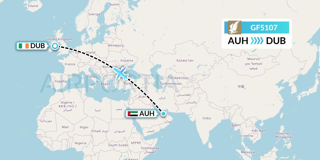 GF5107 Gulf Air Flight Map: Abu Dhabi to Dublin