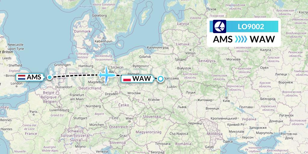 LO9002 LOT Flight Map: Amsterdam to Warsaw