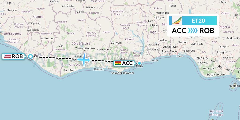 ET20 Ethiopian Airlines Flight Map: Accra to Monrovia