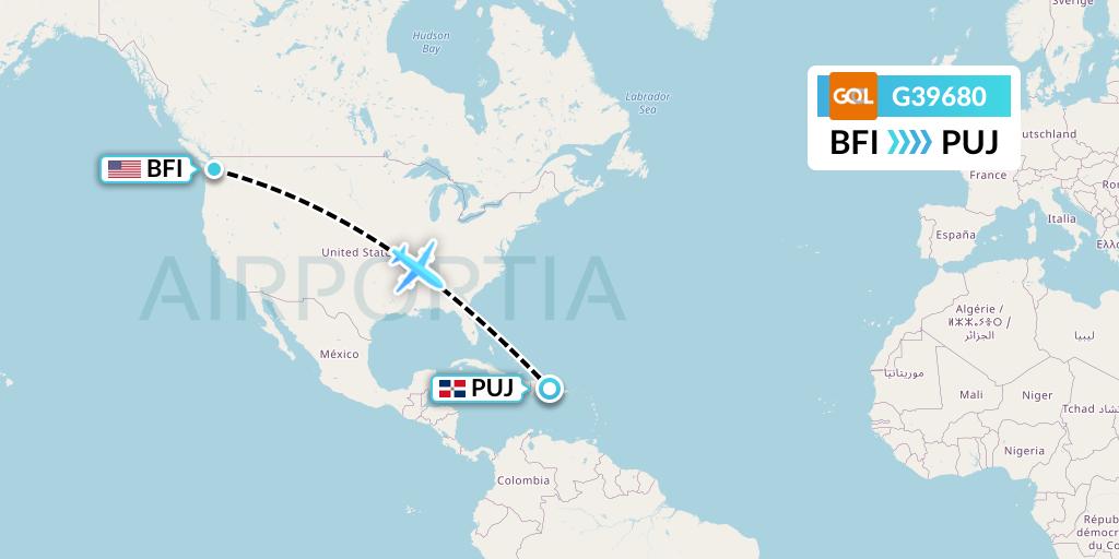 G39680 GOL Transportes Aeros Flight Map: Seattle to Punta Cana