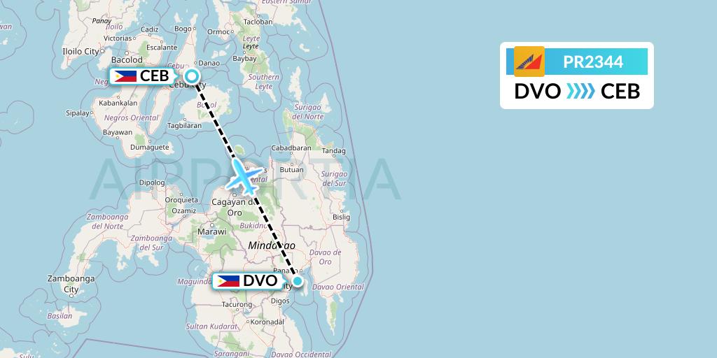 PR2344 Philippine Airlines Flight Map: Davao City to Cebu