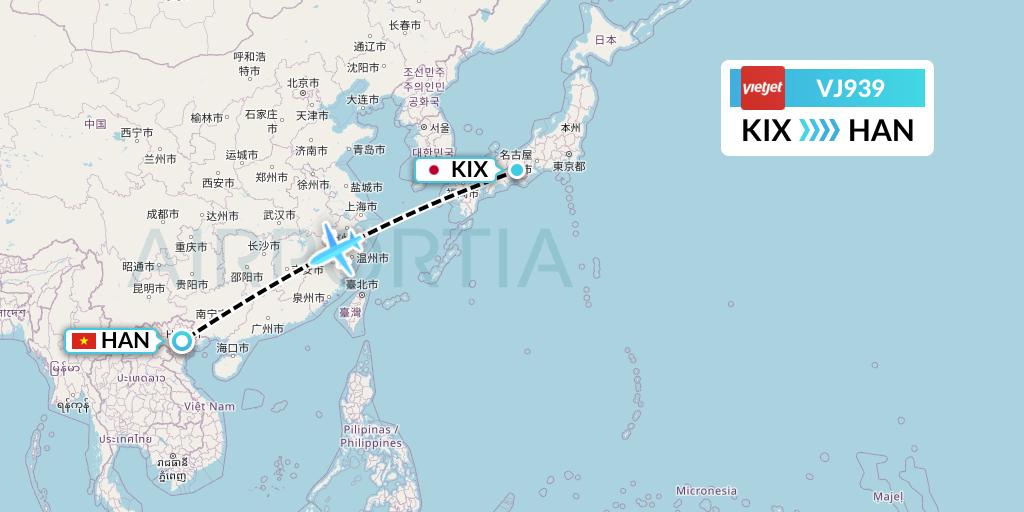 VJ939 VietJet Air Flight Map: Osaka to Hanoi