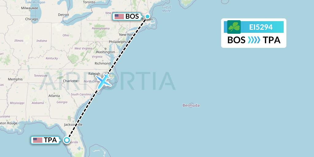 EI5294 Aer Lingus Flight Map: Boston to Tampa