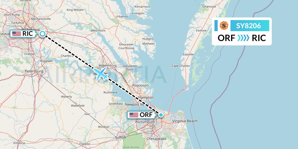 SY8206 Sun Country Airlines Flight Map: Norfolk to Richmond