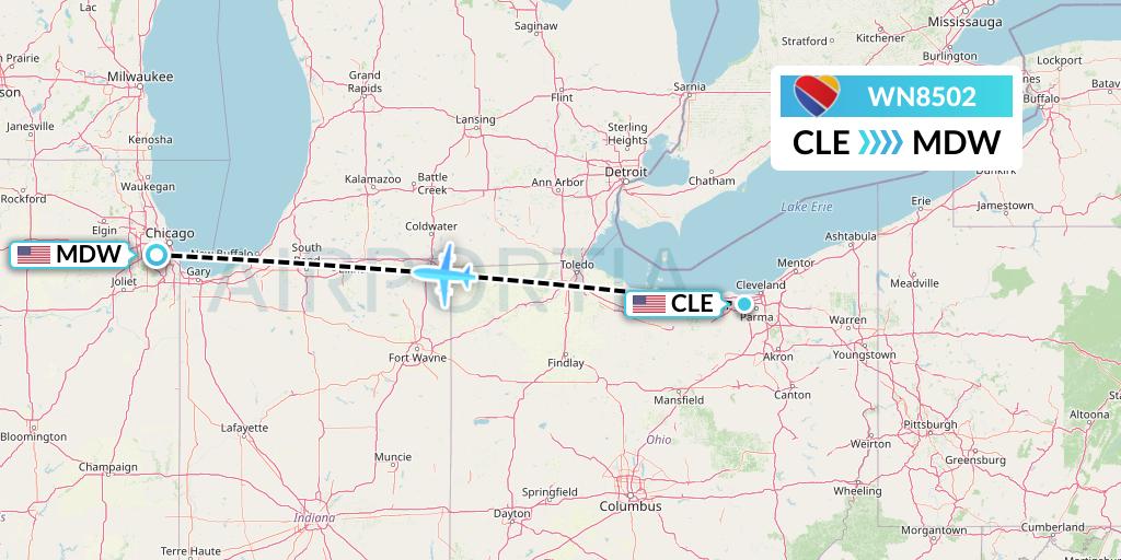 WN8502 Southwest Airlines Flight Map: Cleveland to Chicago