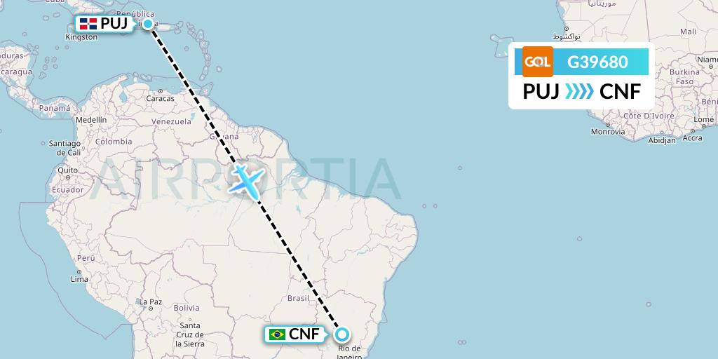 G39680 GOL Transportes Aeros Flight Map: Punta Cana to Belo Horizonte