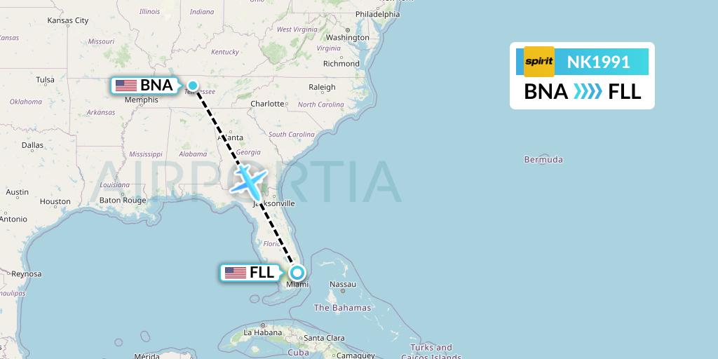 NK1991 Spirit Airlines Flight Map: Nashville to Fort Lauderdale