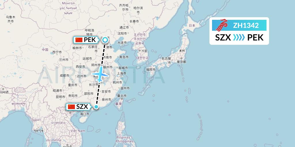 ZH1342 Shenzhen Airlines Flight Map: Shenzhen to Beijing