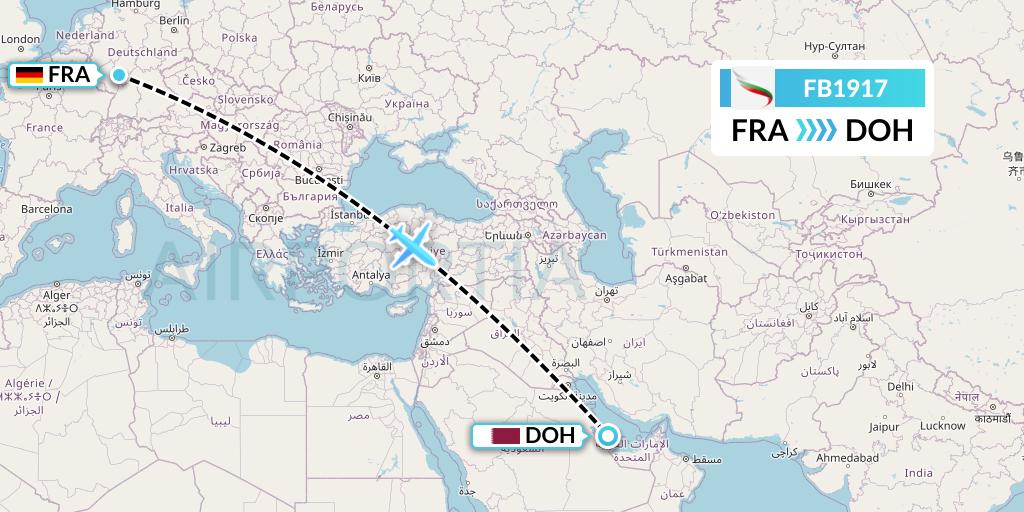 FB1917 Bulgaria Air Flight Map: Frankfurt to Doha