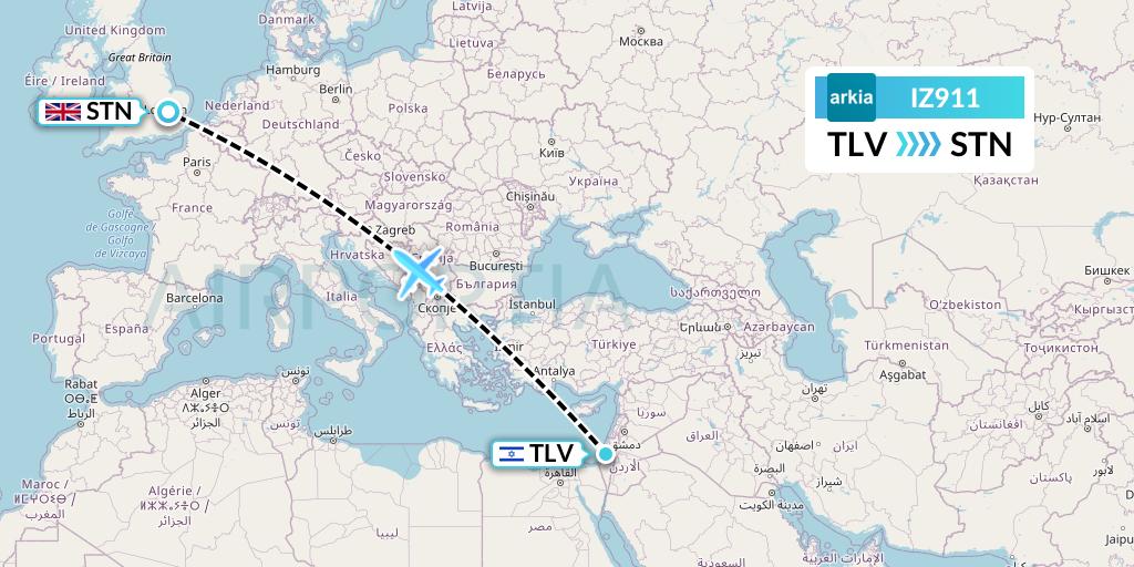 IZ911 Arkia Israeli Airlines Flight Map: Tel Aviv to London