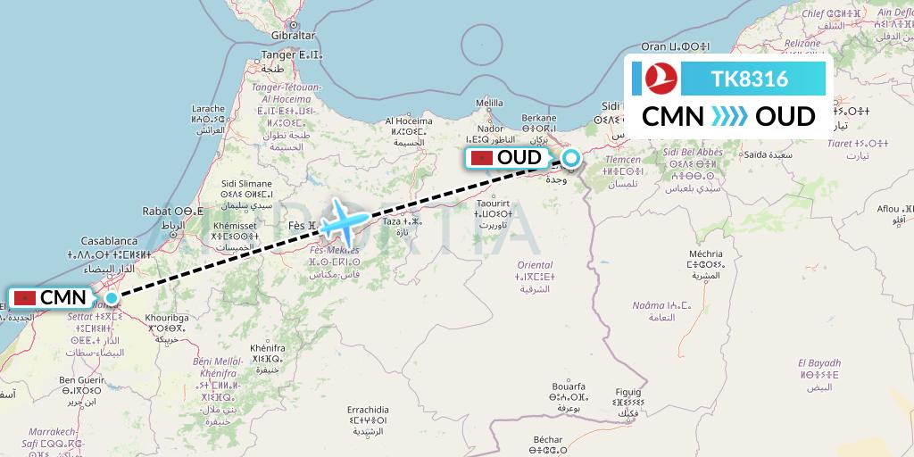 TK8316 Turkish Airlines Flight Map: Casablanca to Oujda