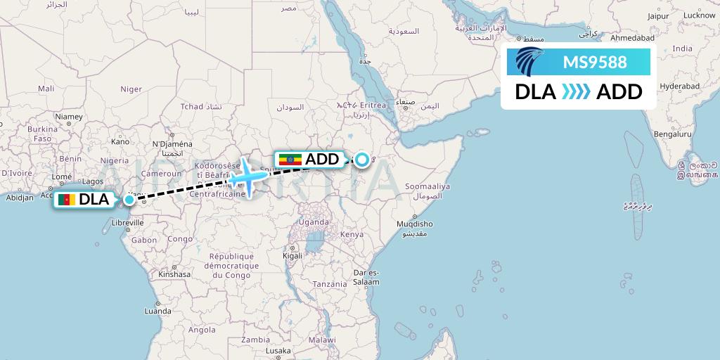 MS9588 EgyptAir Flight Map: Douala to Addis Ababa