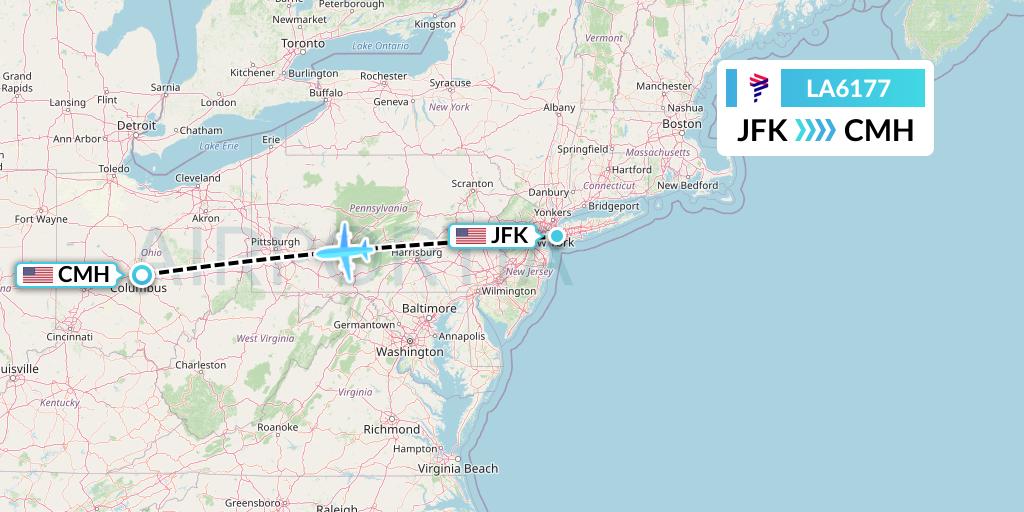 LA6177 LAN Airlines Flight Map: New York to Columbus