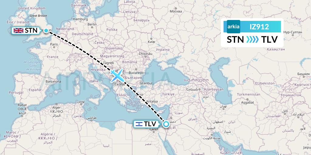 IZ912 Arkia Israeli Airlines Flight Map: London to Tel Aviv
