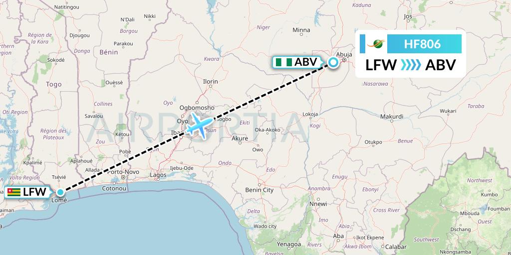 HF806 Air Cote d'Ivoire Flight Map: Lome to Abuja