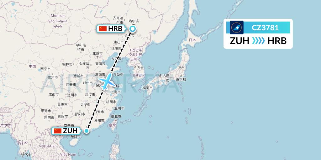 CZ3781 China Southern Airlines Flight Map: Zhuhai to Harbin