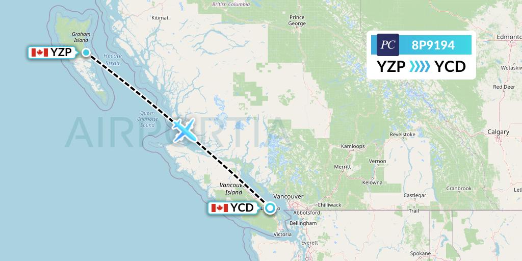 8P9194 Pacific Coastal Airlines Flight Map: Sandspit to Nanaimo