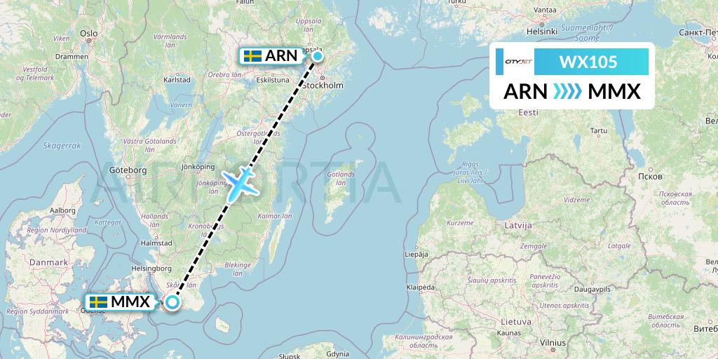 WX105 Cityjet Flight Map: Stockholm to Malmo