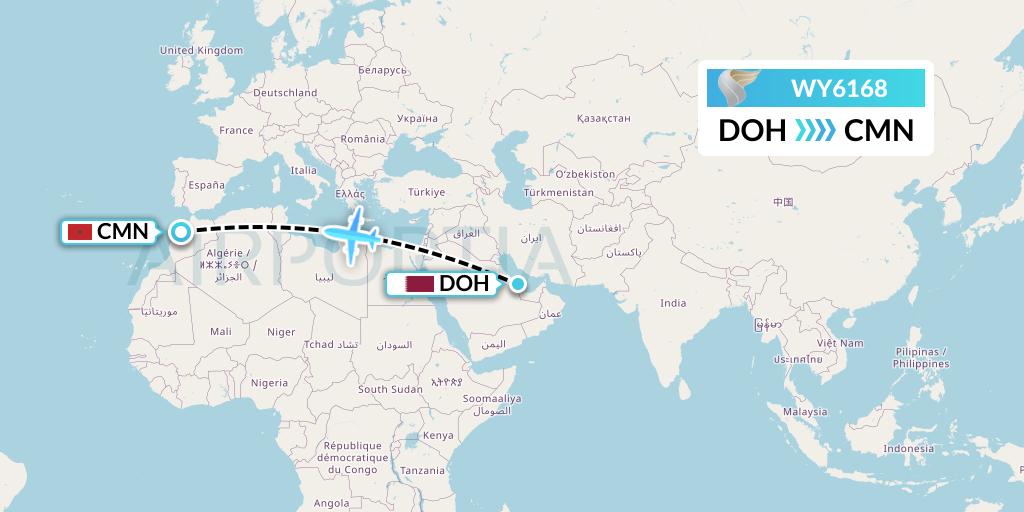 WY6168 Oman Air Flight Map: Doha to Casablanca