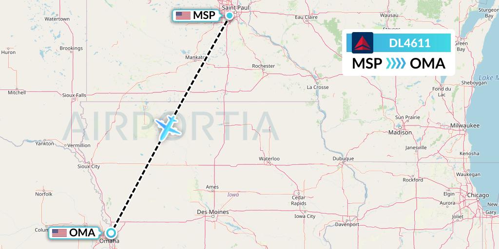 DL4611 Delta Air Lines Flight Map: Minneapolis to Omaha