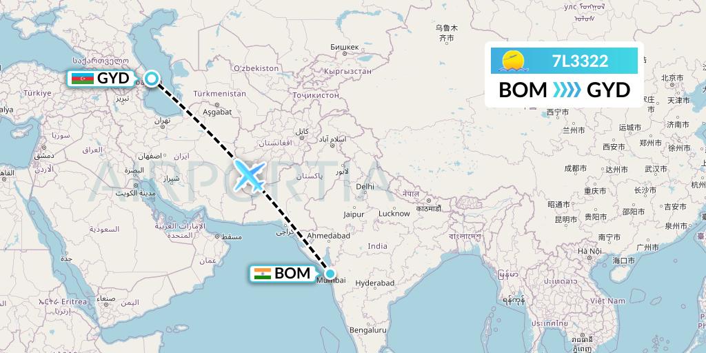 7L3322 Silk Way West Airlines Flight Map: Mumbai to Baku