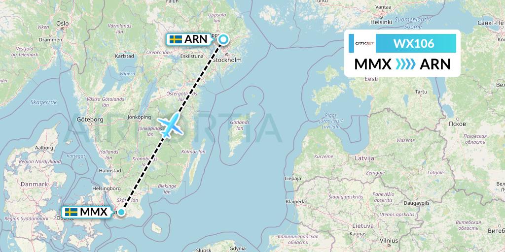 WX106 Cityjet Flight Map: Malmo to Stockholm