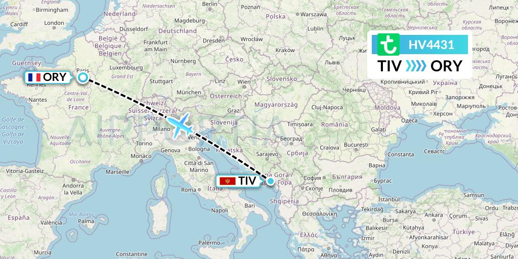 HV4431 Transavia Flight Map: Tivat to Paris