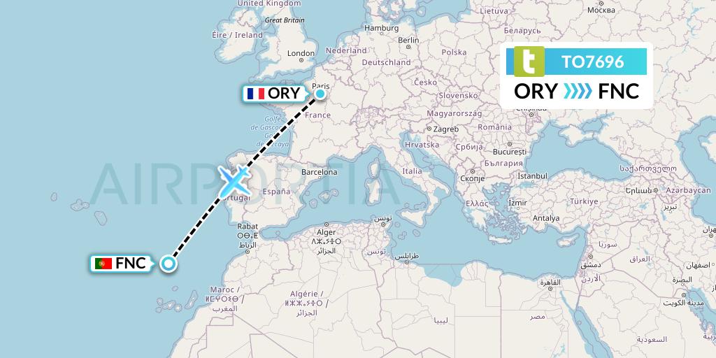 TO7696 Transavia France Flight Map: Paris to Funchal