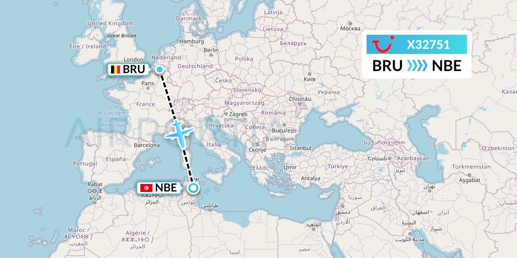 X32751 TUI fly Germany Flight Map: Brussels to Enfidha