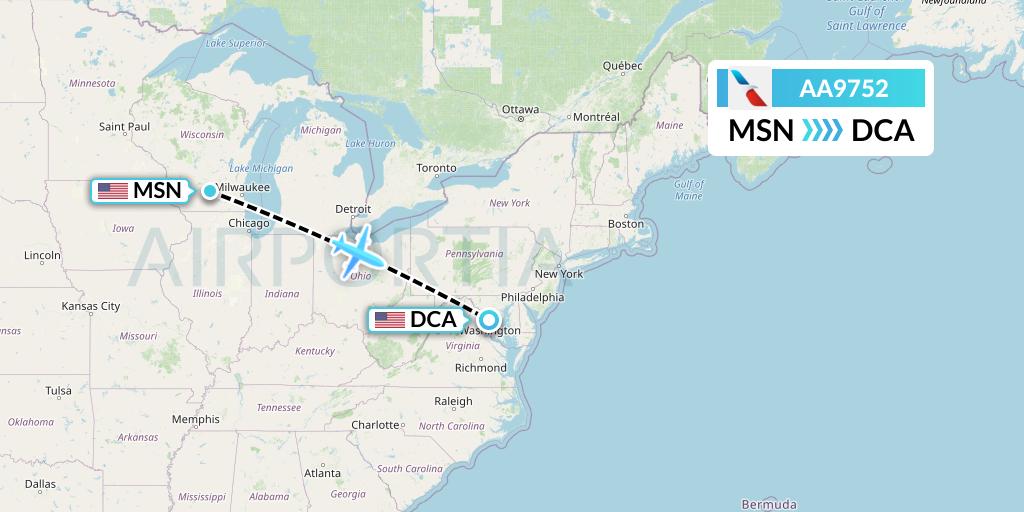 AA9752 American Airlines Flight Map: Madison to Washington