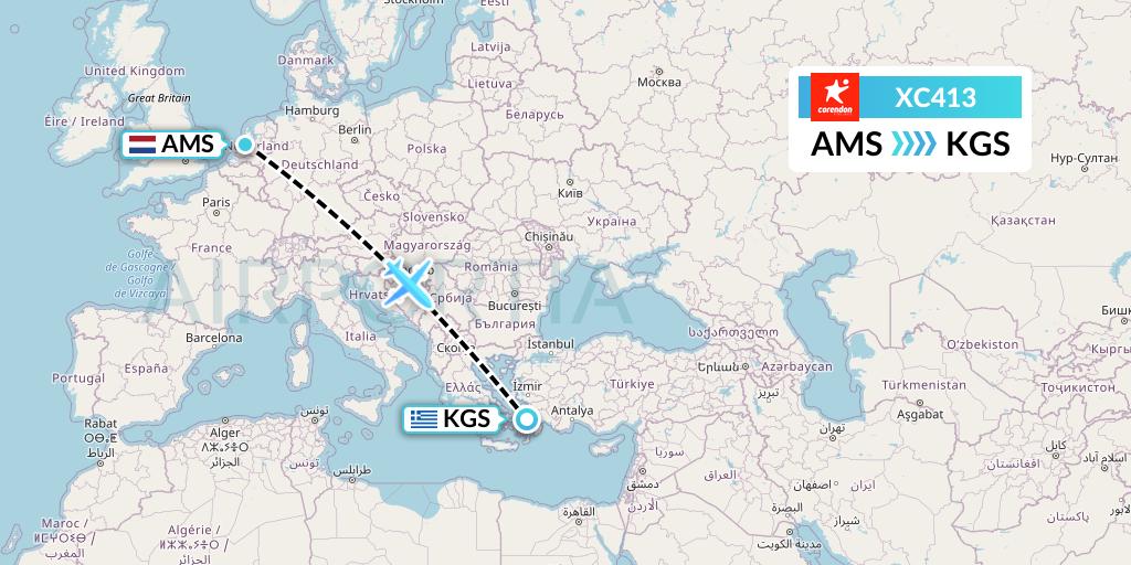 XC413 Corendon Airlines Flight Map: Amsterdam to Kos