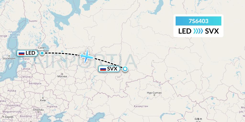 7S6403 Ryan Air (USA) Flight Map: St. Petersburg to Yekaterinburg