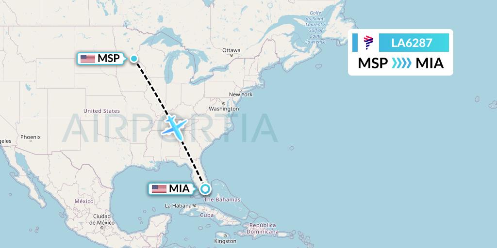 LA6287 LAN Airlines Flight Map: Minneapolis to Miami