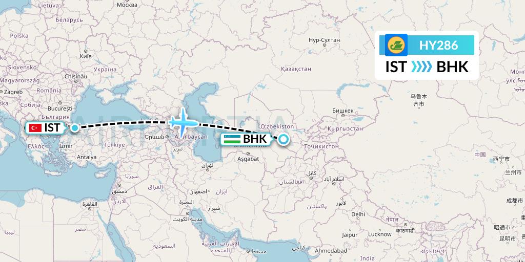 HY286 Uzbekistan Airways Flight Map: Istanbul to Bukhara