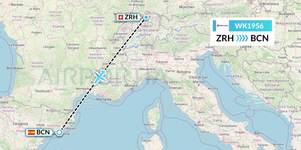 WK1956 Edelweiss Air Flight Map: Zurich to Barcelona
