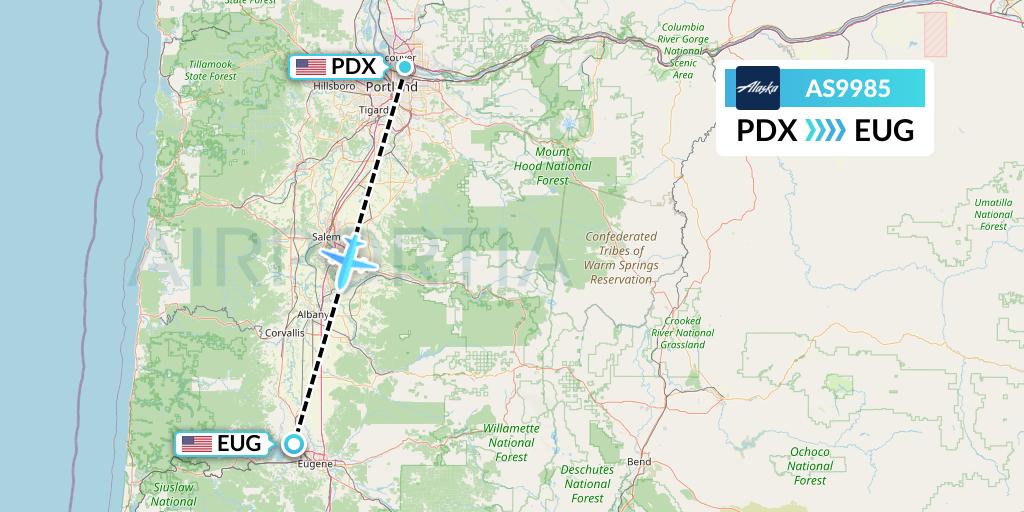 AS9985 Alaska Airlines Flight Map: Portland to Eugene