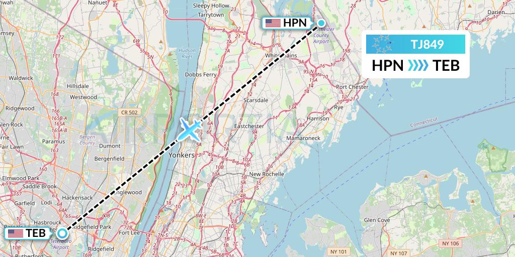 TJ849 Tradewind Aviation Flight Map: White Plains to Teterboro
