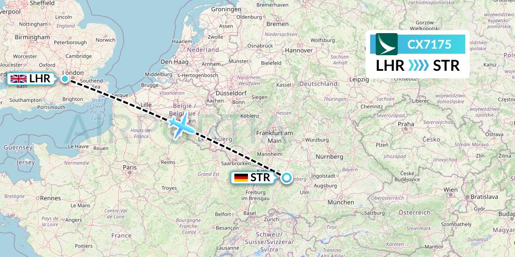 CX7175 Cathay Pacific Flight Map: London to Stuttgart