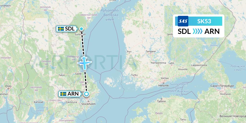 SK53 SAS Flight Map: Sundsvall to Stockholm