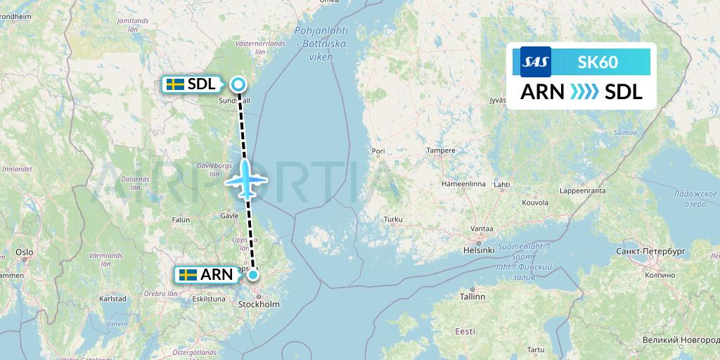 SK60 SAS Flight Map: Stockholm to Sundsvall