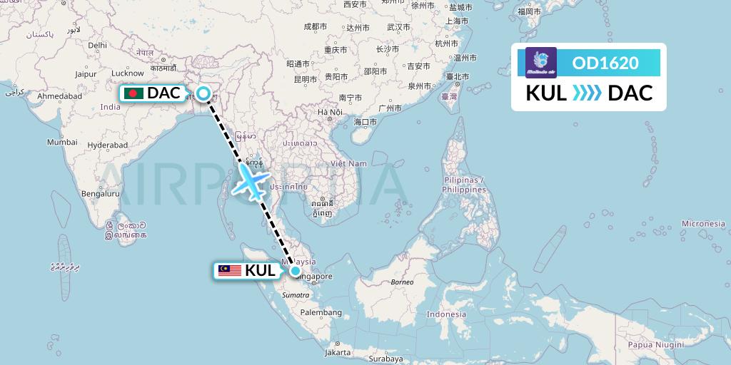 OD1620 Batik Air Malaysia Flight Map: Kuala Lumpur to Dhaka