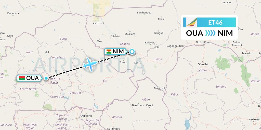 ET46 Ethiopian Airlines Flight Map: Ouagadougou to Niamey